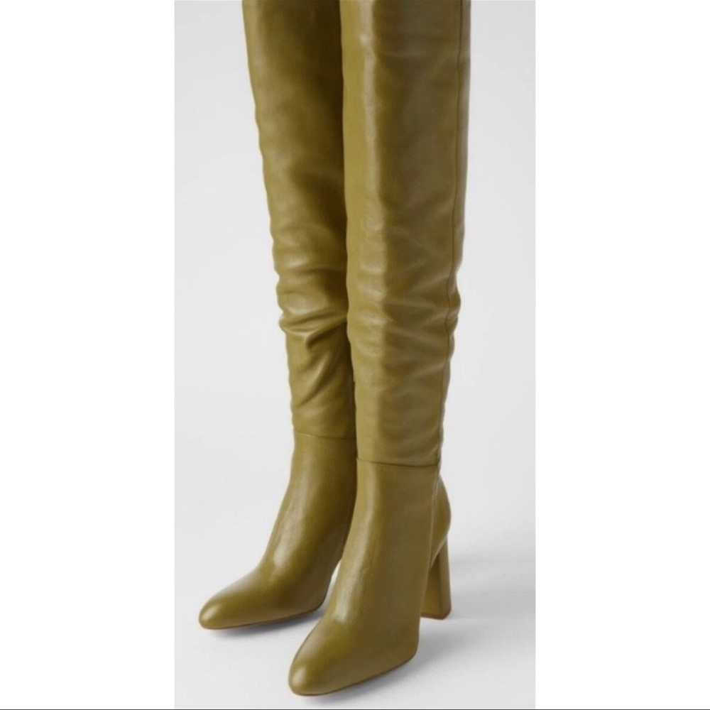 Zara High Leg Over the Knee Leather Block Heel Boots Khaki Sage